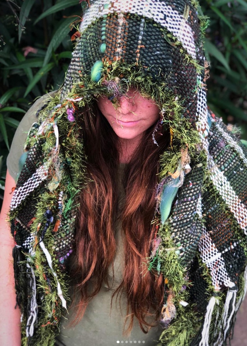 Woven mossy green hooded scarf