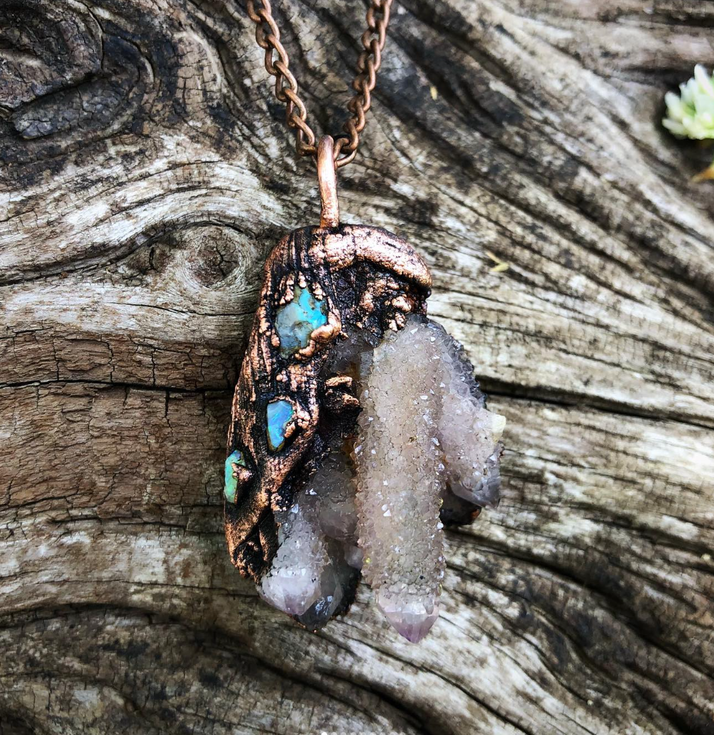 Raw druzy crystal pendant with copper wire