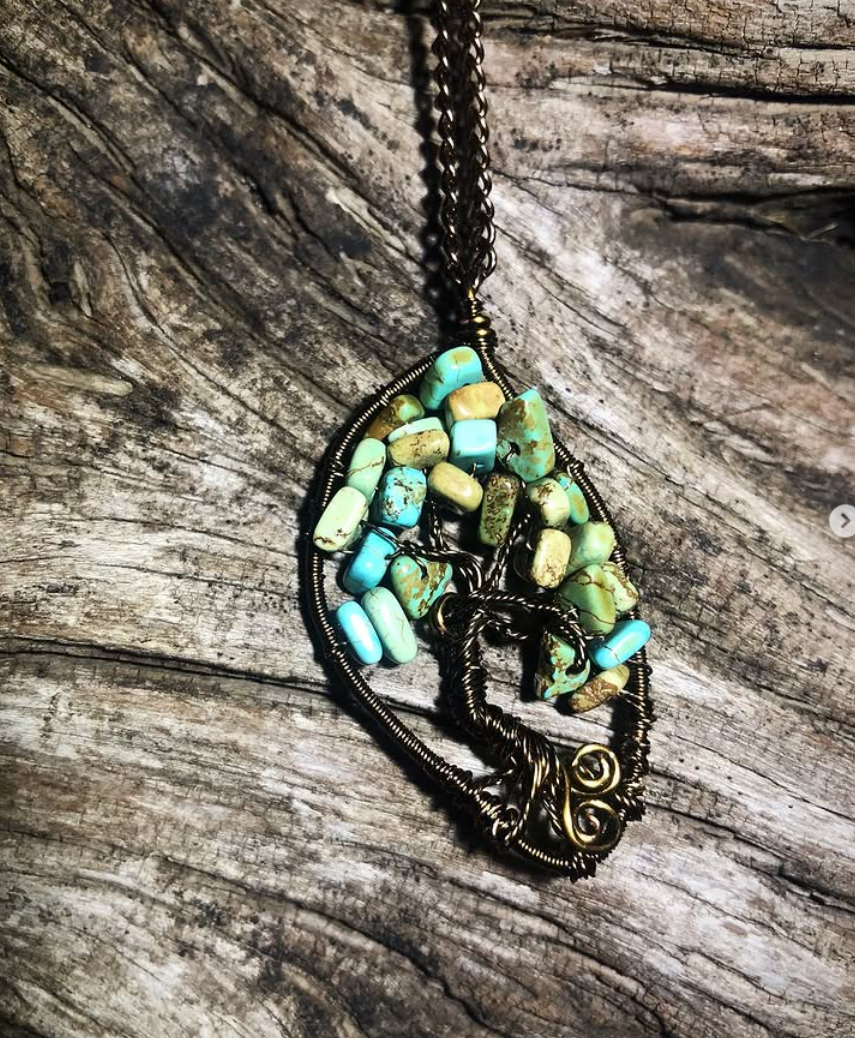 Handcrafted wire-wrapped tree of life pendant with turquoise chips